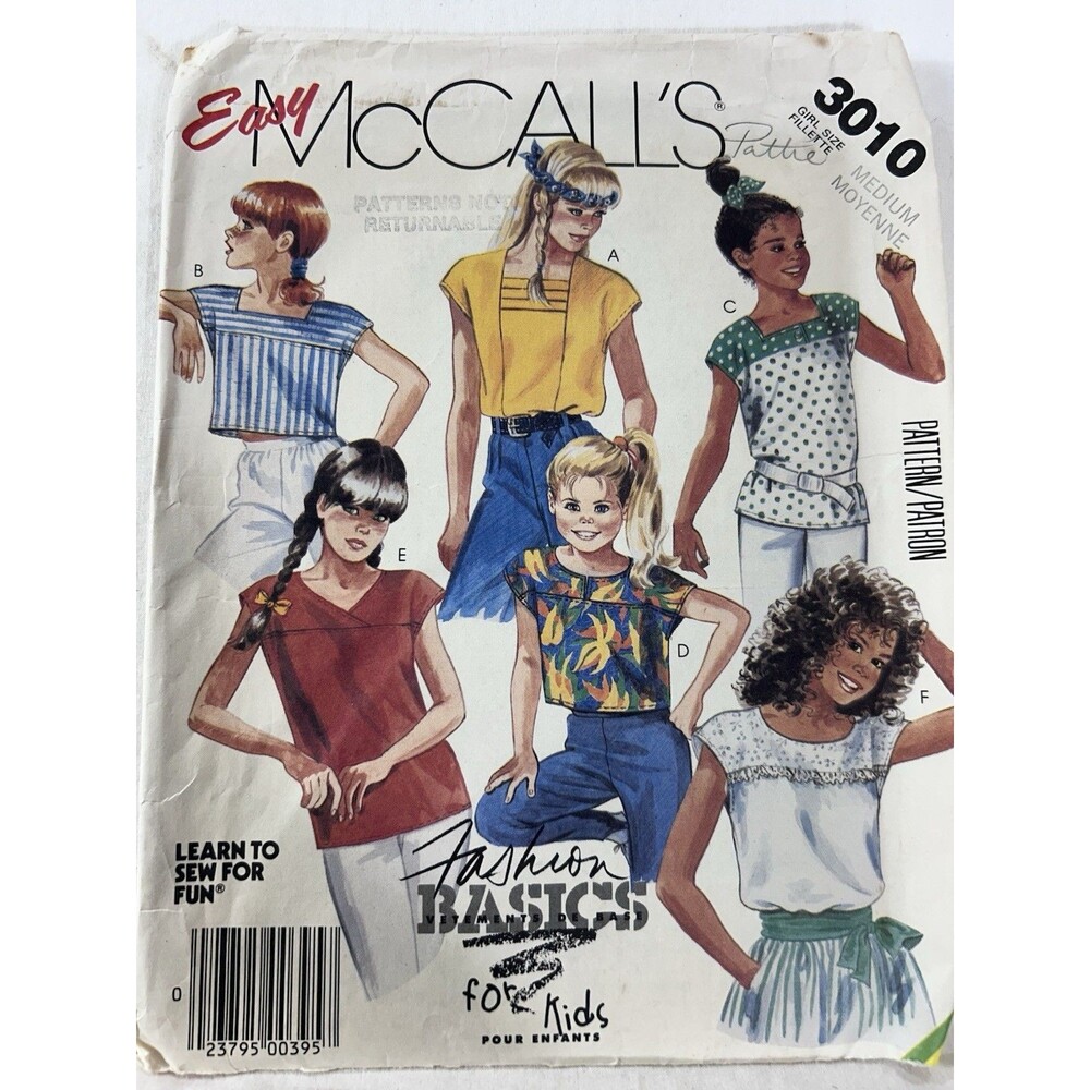 Vintage 80s McCall's 3010 Girls Easy Tops Sewing Pattern Cut Medium Tunic